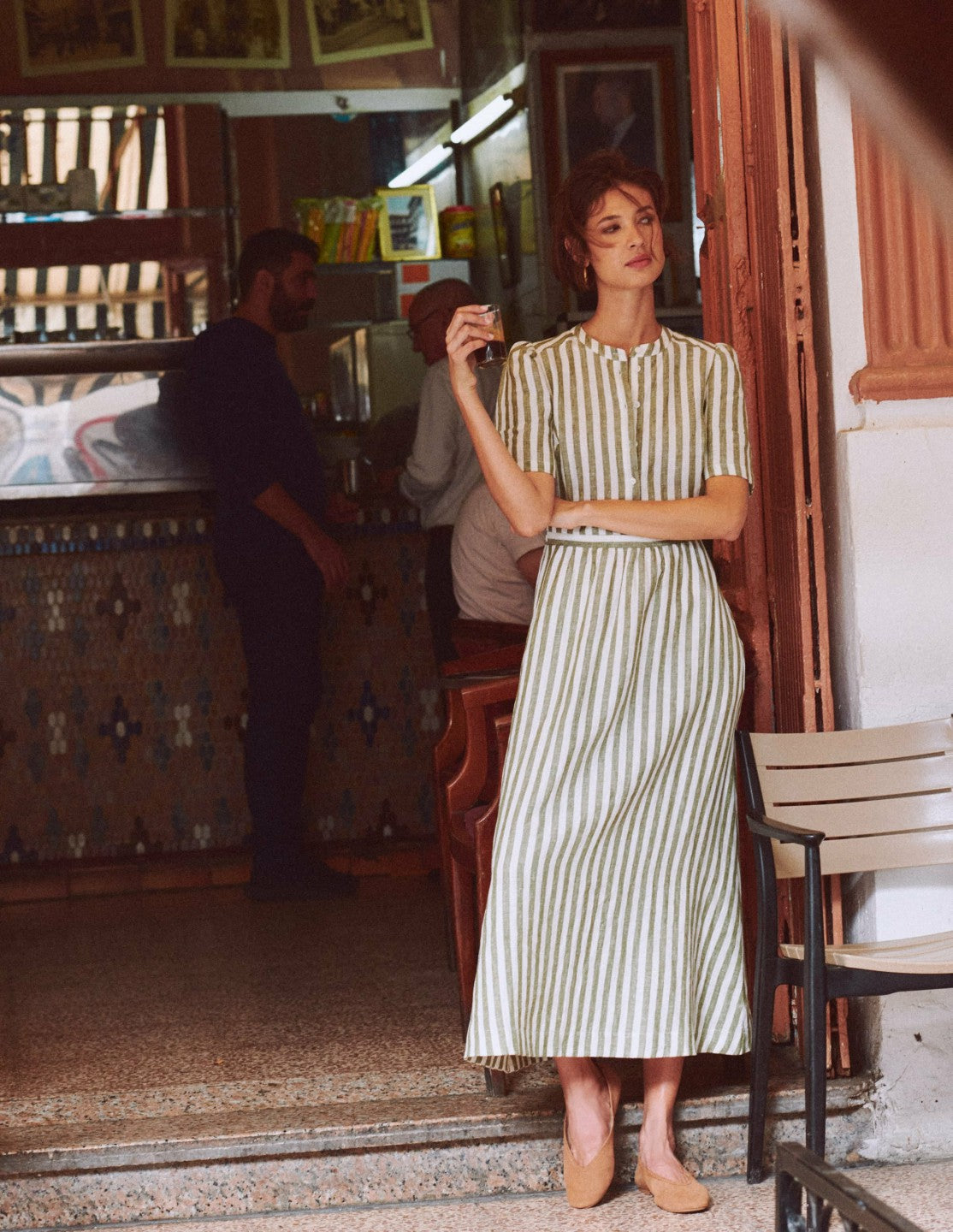 Ivy Placket Linen Midi Dress-Olive, Ivory Stripe / Boden us