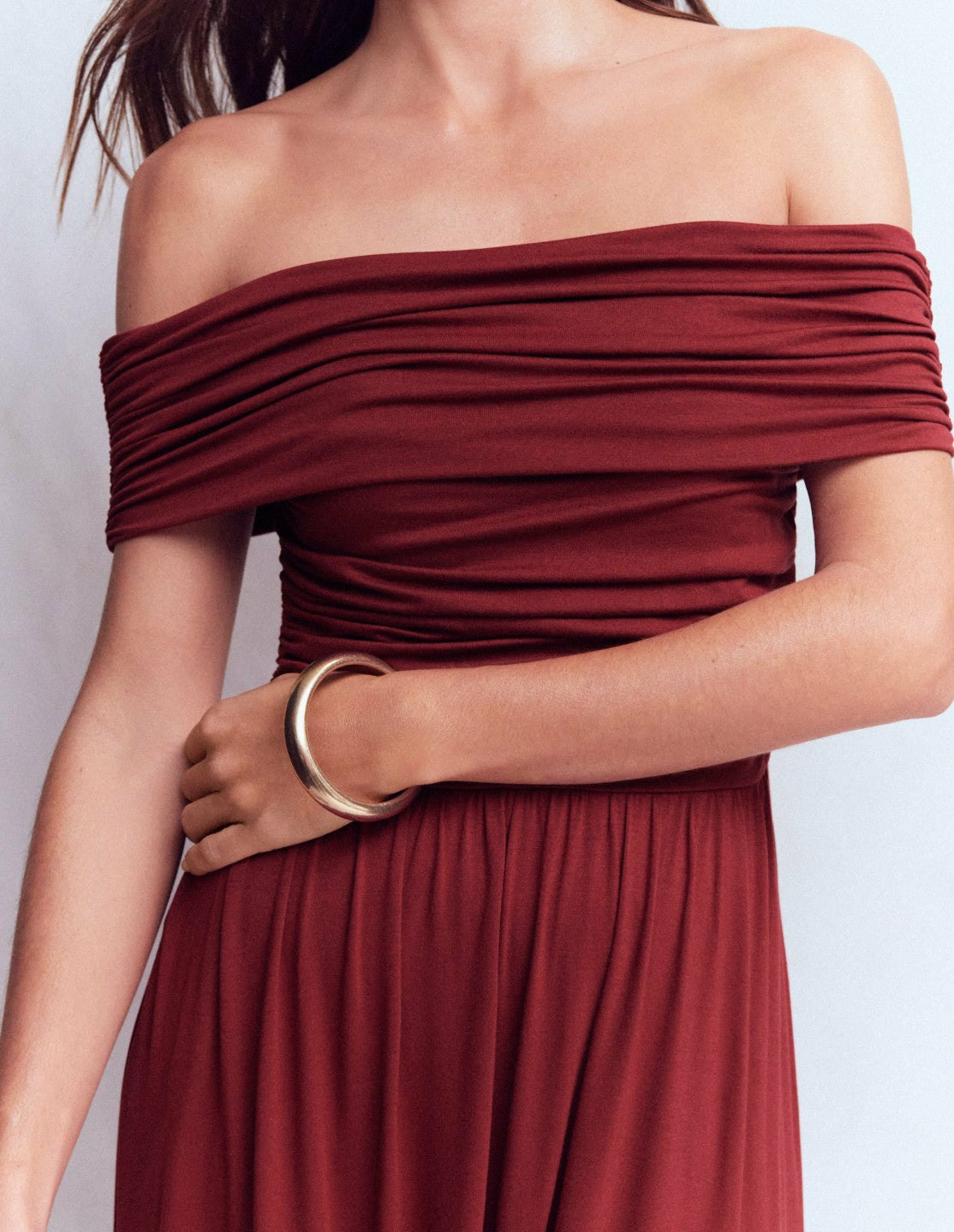 Ruched Bardot Jersey Dress-Burgundy / Boden