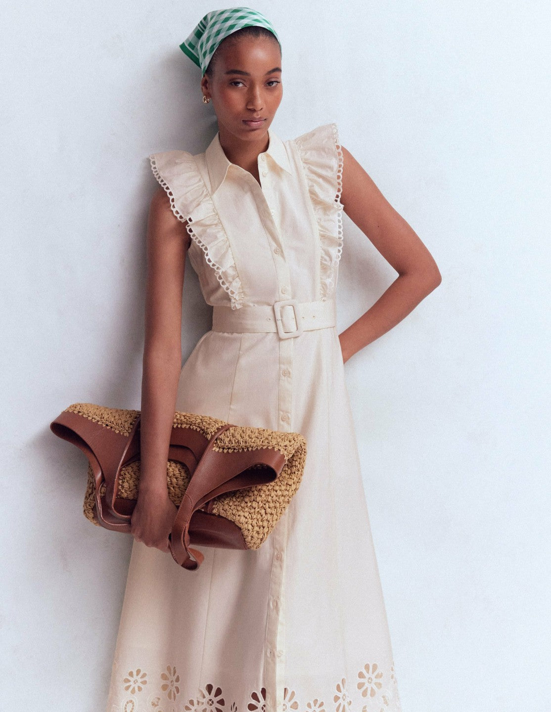 Ruffle Bodice Shirt Dress-White Broderie Trim / Boden On sale
