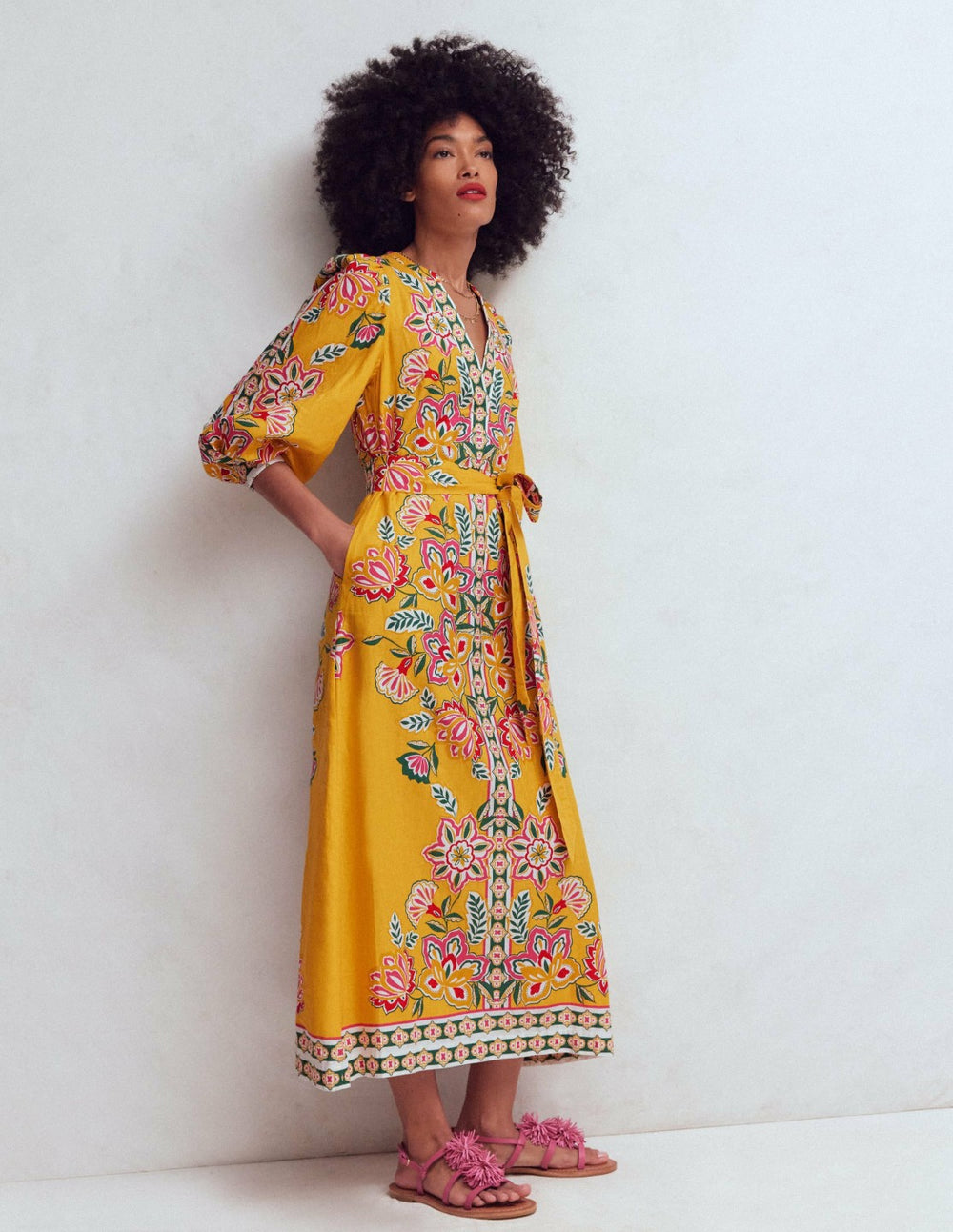 Octavia Linen Blend Dress-Yellow Blossom Elegance / Boden us