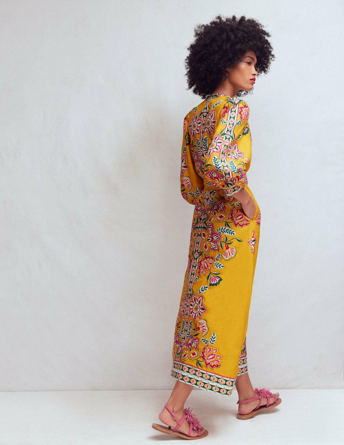 Octavia Linen Blend Dress-Yellow Blossom Elegance / Boden us