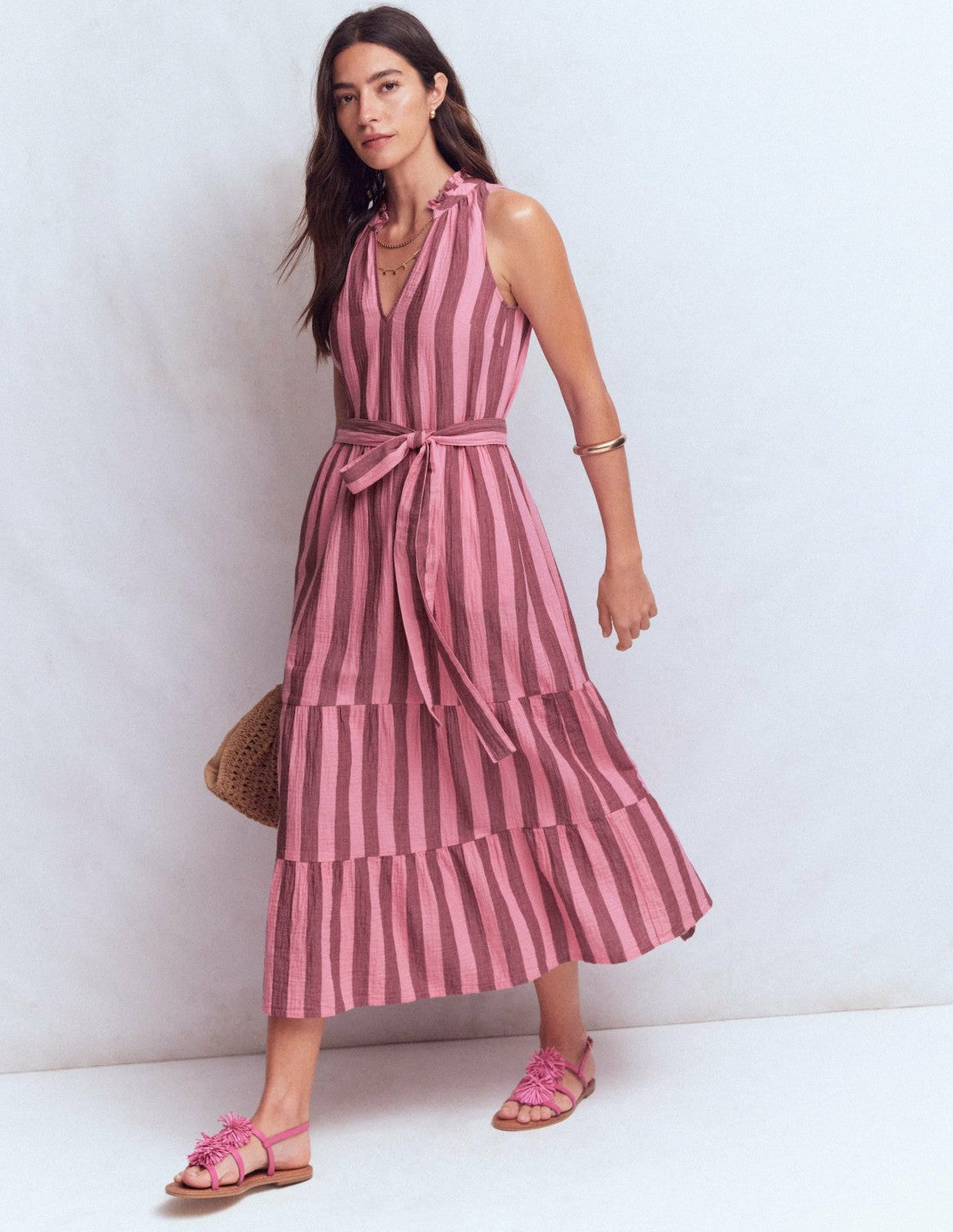 Viv Double Cloth Maxi Dress-Brown Pink Stripe / Boden us