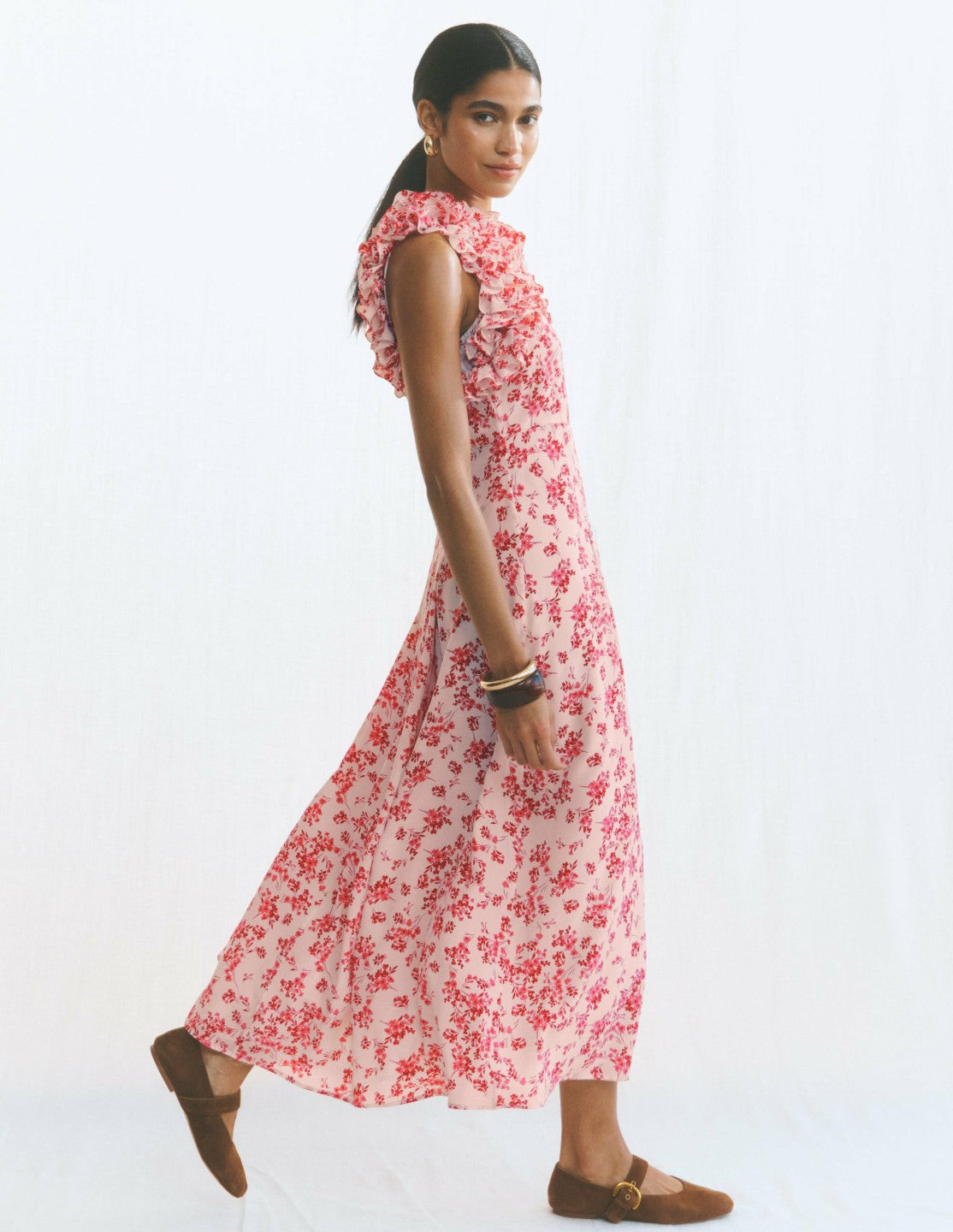 Ruffle Silk Midi Dress-Pink Bloom Scatter Mono / Boden Outlet
