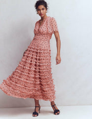 V-Neck Ruffle Tulle Dress-Ivory Black Spot / Boden us