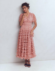 V-Neck Ruffle Tulle Dress-Ivory Black Spot / Boden us