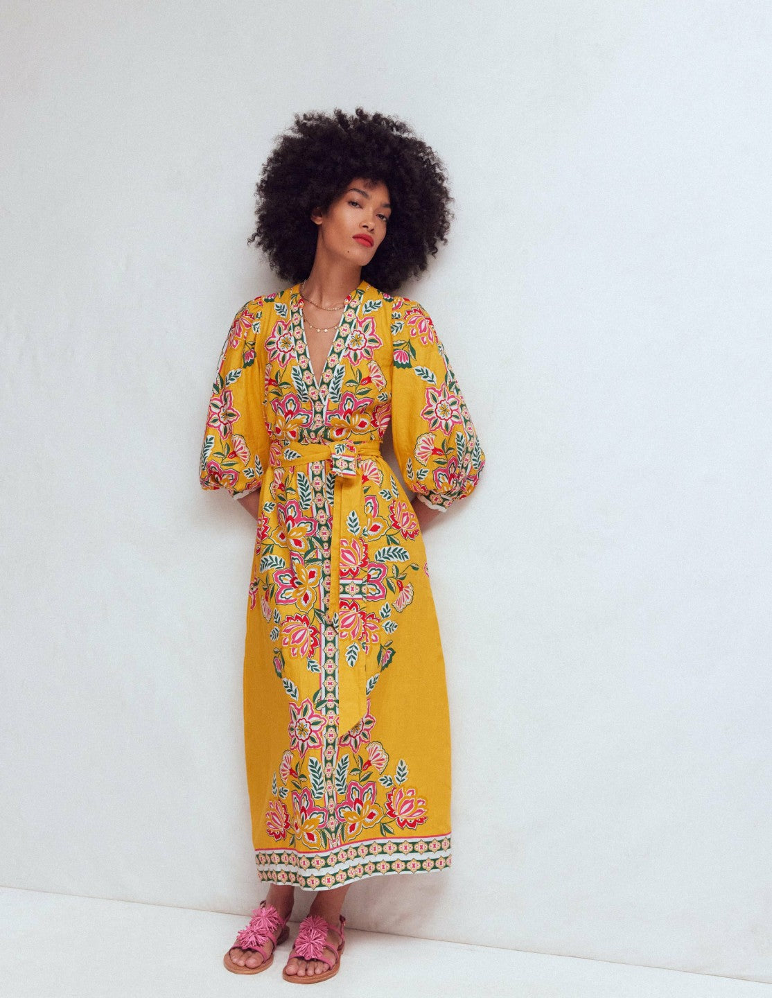 Octavia Linen Blend Dress-Yellow Blossom Elegance / Boden us