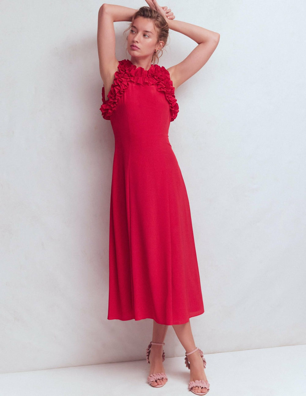 Ruffle Silk Midi Dress-Red / Boden