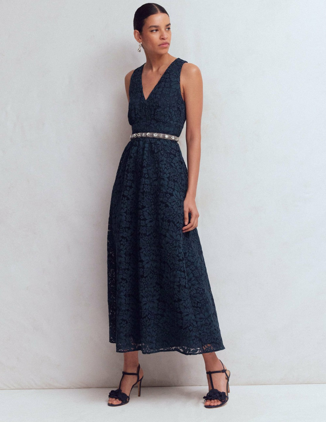 Lace Plunge Neck Panel Dress-Navy / Boden Discount