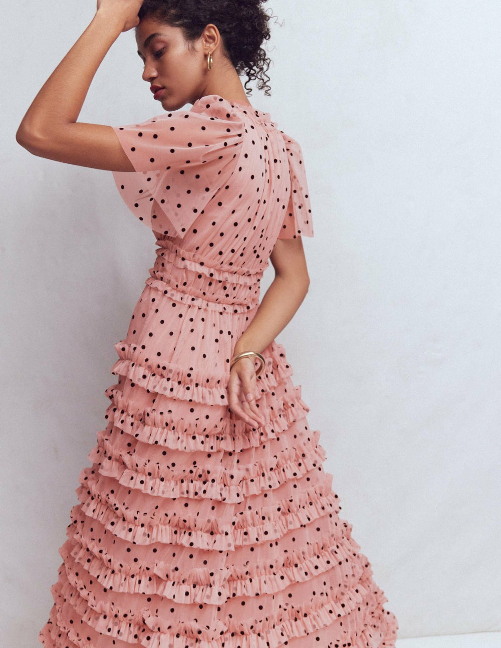 V-Neck Ruffle Tulle Dress-Ivory Black Spot / Boden us