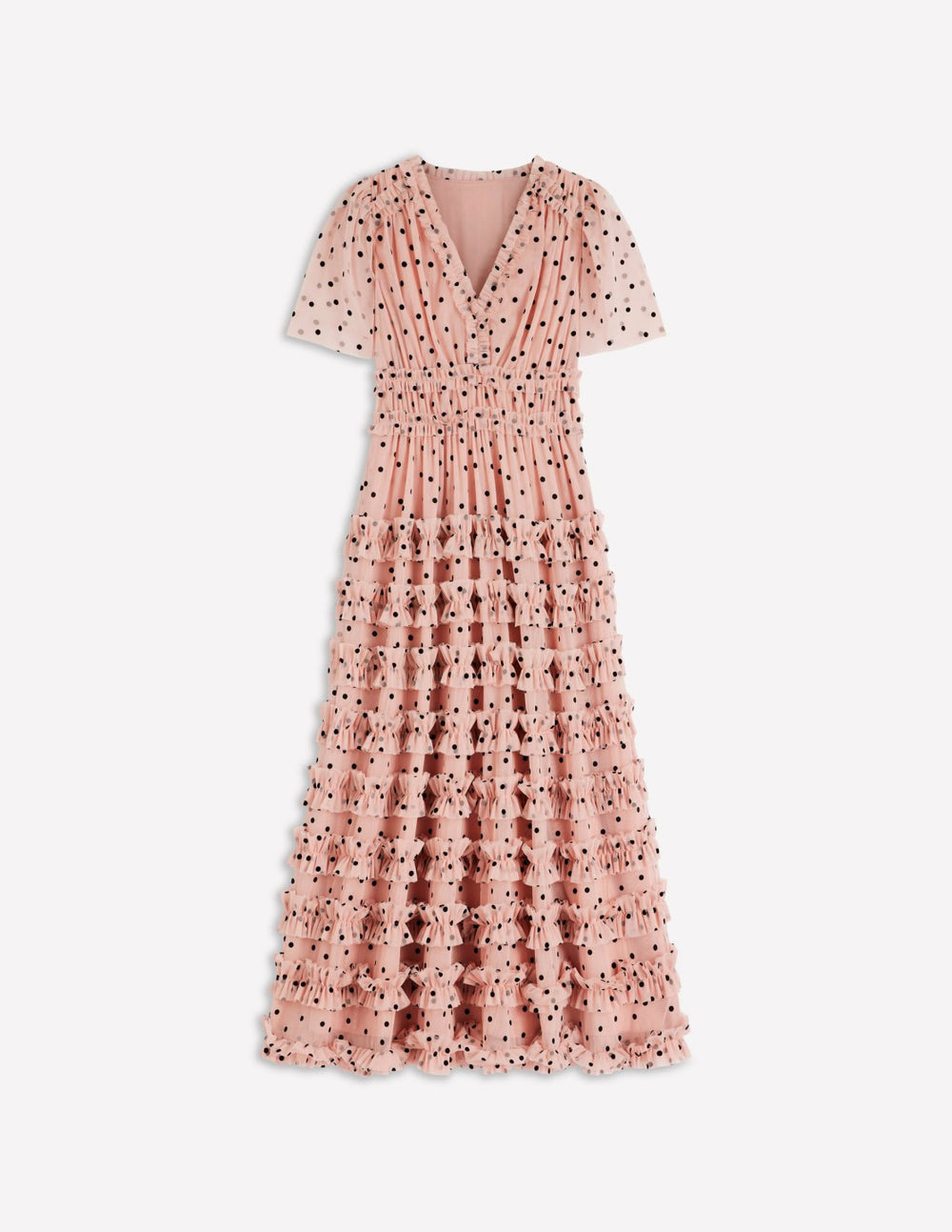 V-Neck Ruffle Tulle Dress-Ivory Black Spot / Boden us