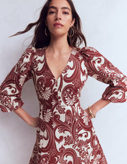 Marla Linen Blend Short Dress-Brown Foliage Whirl / Boden Discount