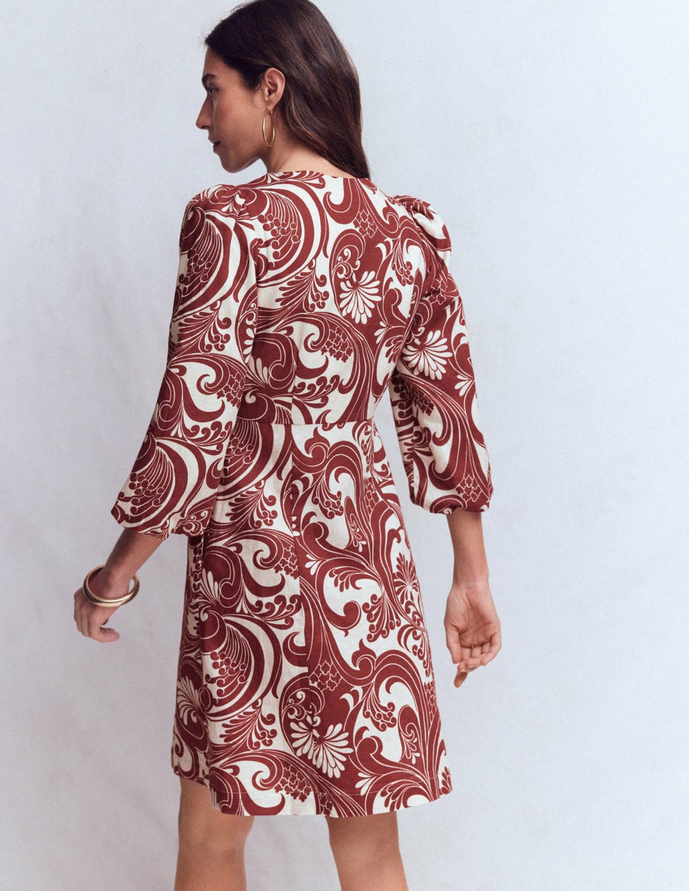 Marla Linen Blend Short Dress-Brown Foliage Whirl / Boden Discount