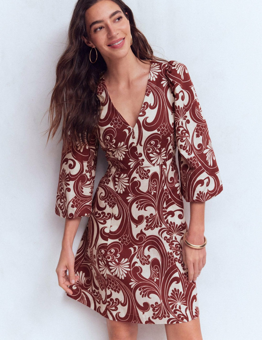 Marla Linen Blend Short Dress-Brown Foliage Whirl / Boden Discount