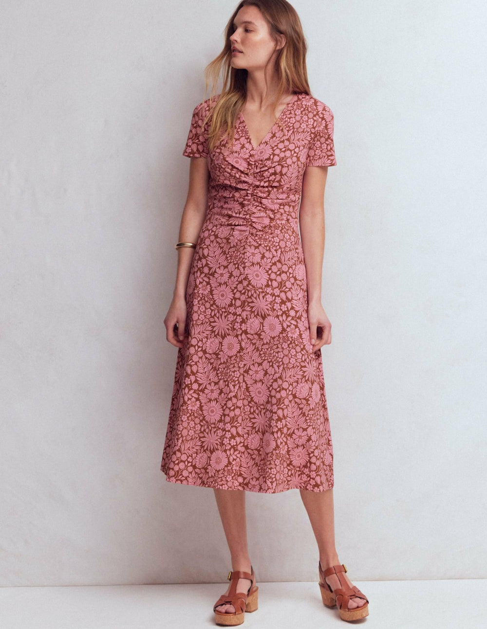 Una Ruched Front Ponte Dress-Russet, Flowerbed Bloom / Boden Outlet