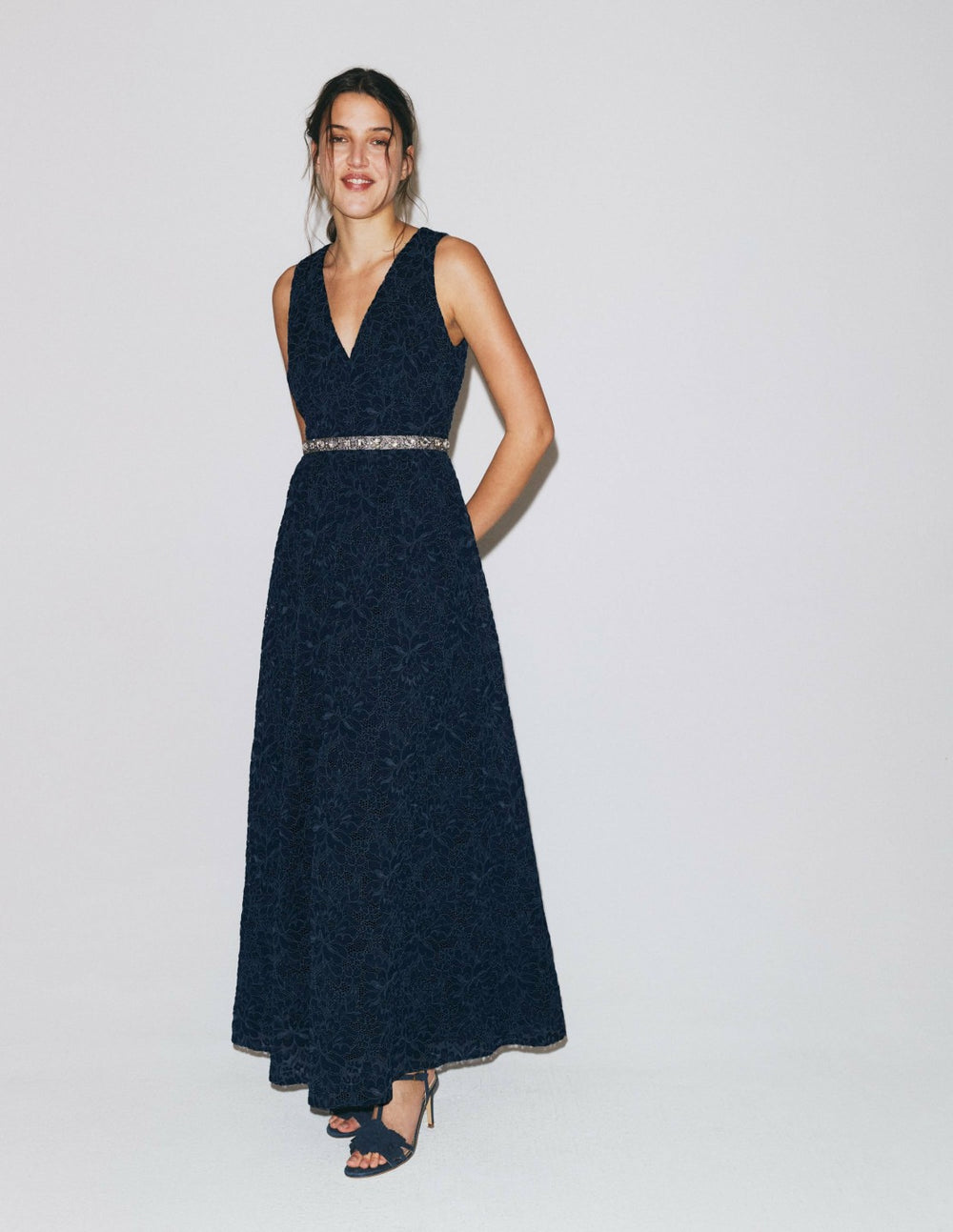 Lace Plunge Neck Panel Dress-Navy / Boden Online
