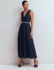 Lace Plunge Neck Panel Dress-Navy / Boden Online