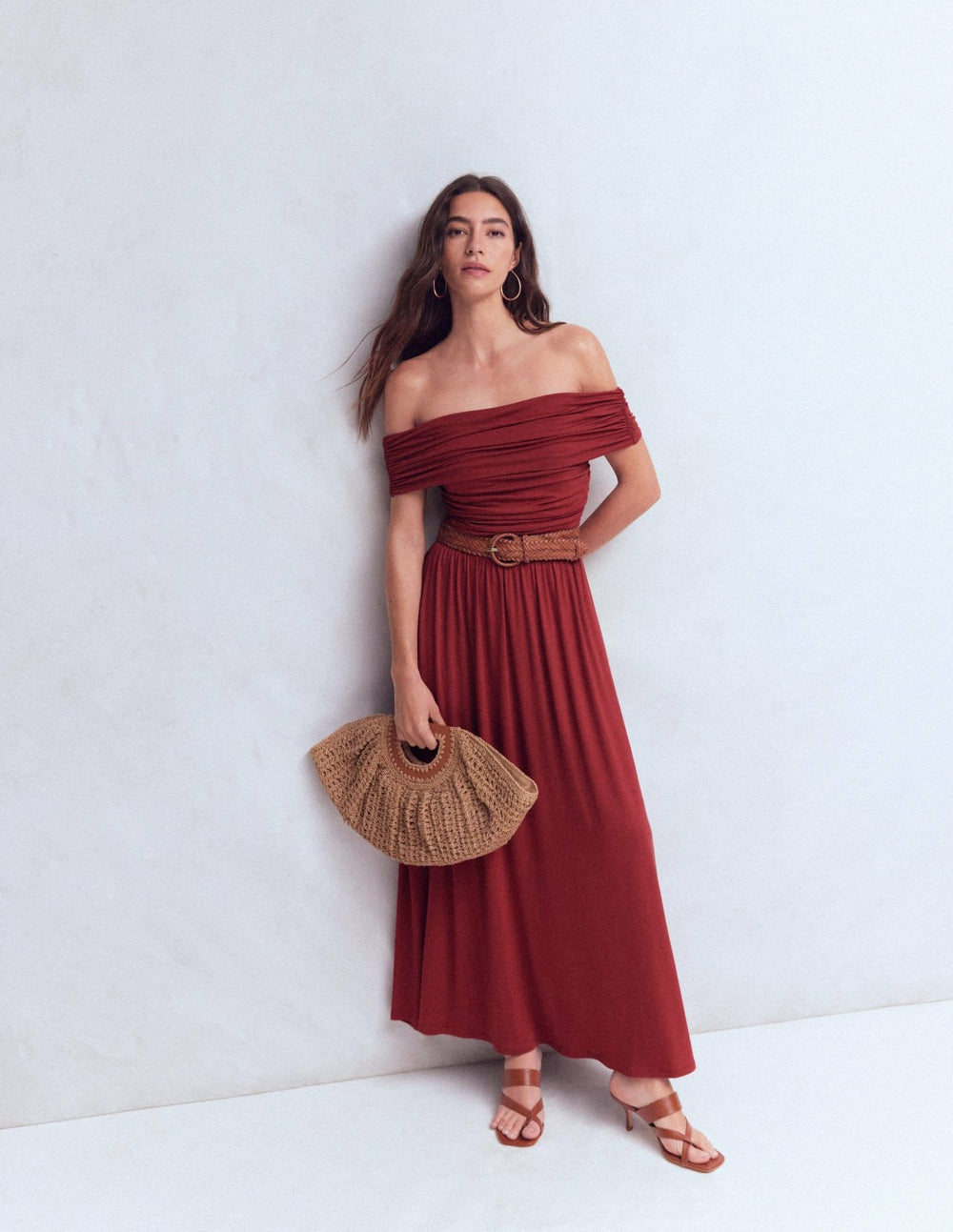 Ruched Bardot Jersey Dress-Burgundy / Boden On sale