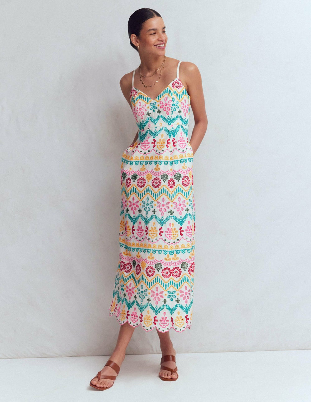 Empire Linen Broderie Dress-Multi Broderie / Boden On sale