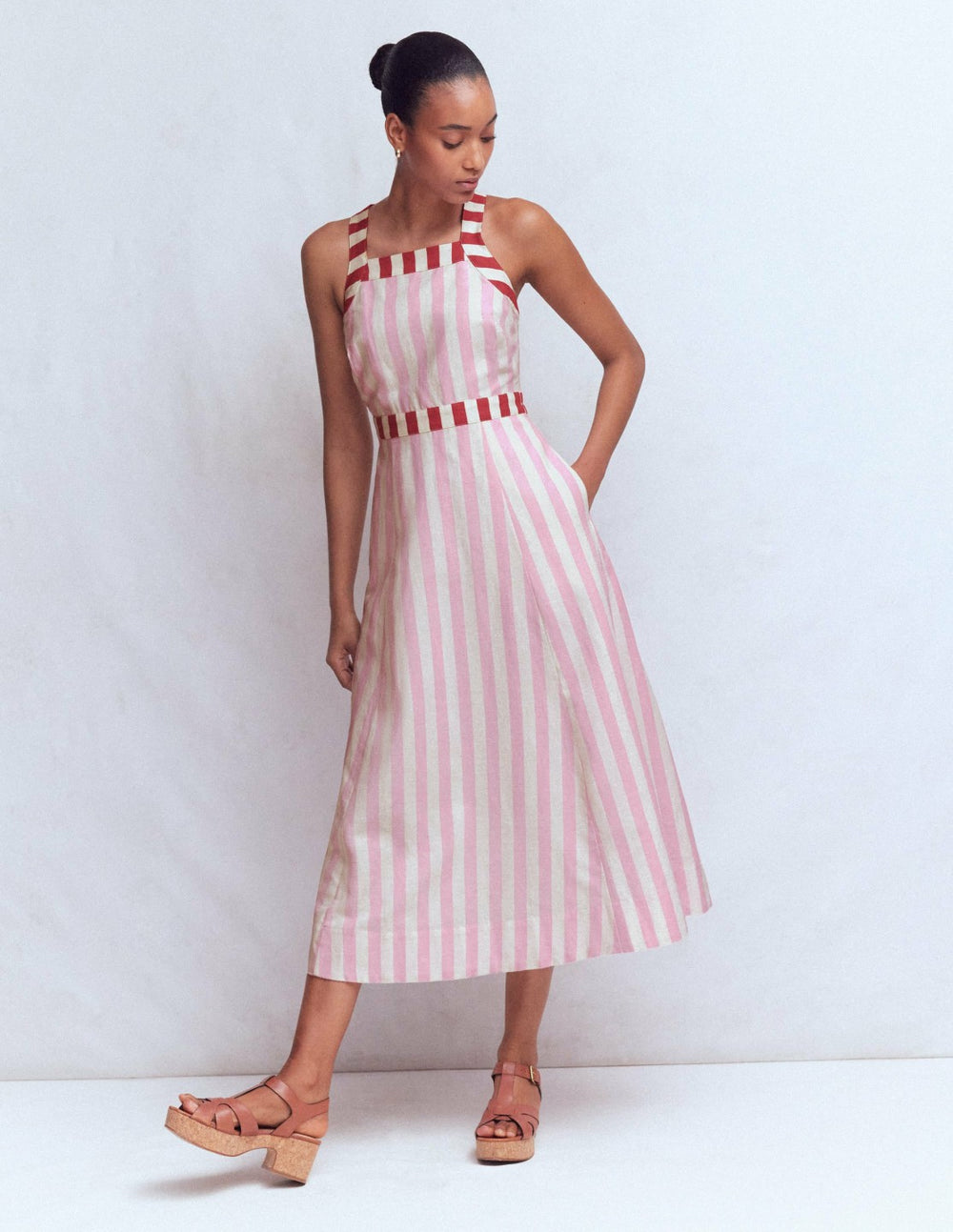 Cross-back Linen Blend Dress-Orchid Pink Stripe / Boden Online