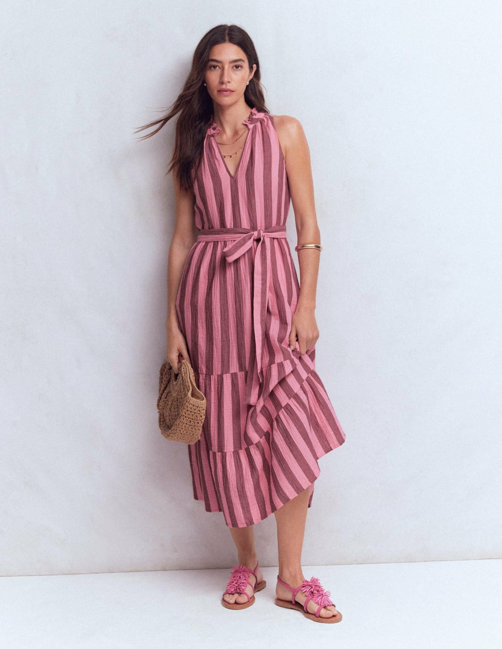 Viv Double Cloth Maxi Dress-Brown Pink Stripe / Boden Discount