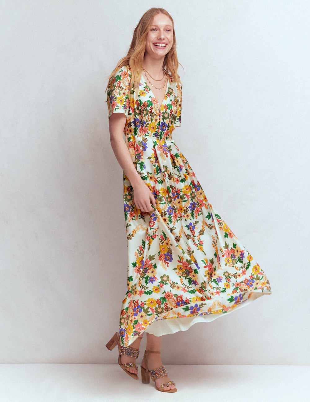 Pleat V-neck Dress-Multi Meadow Flowers / Boden us