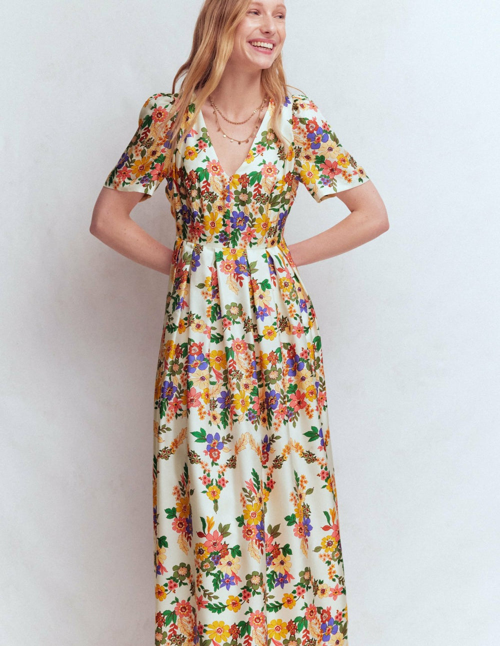 Pleat V-neck Dress-Multi Meadow Flowers / Boden us