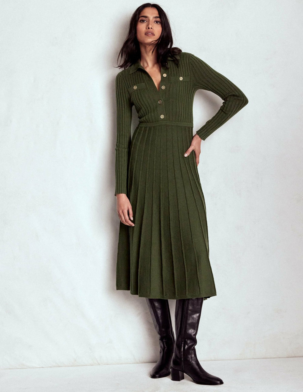 Brönte Knitted Rib Shirt Dress-Woodland Green / Boden Online