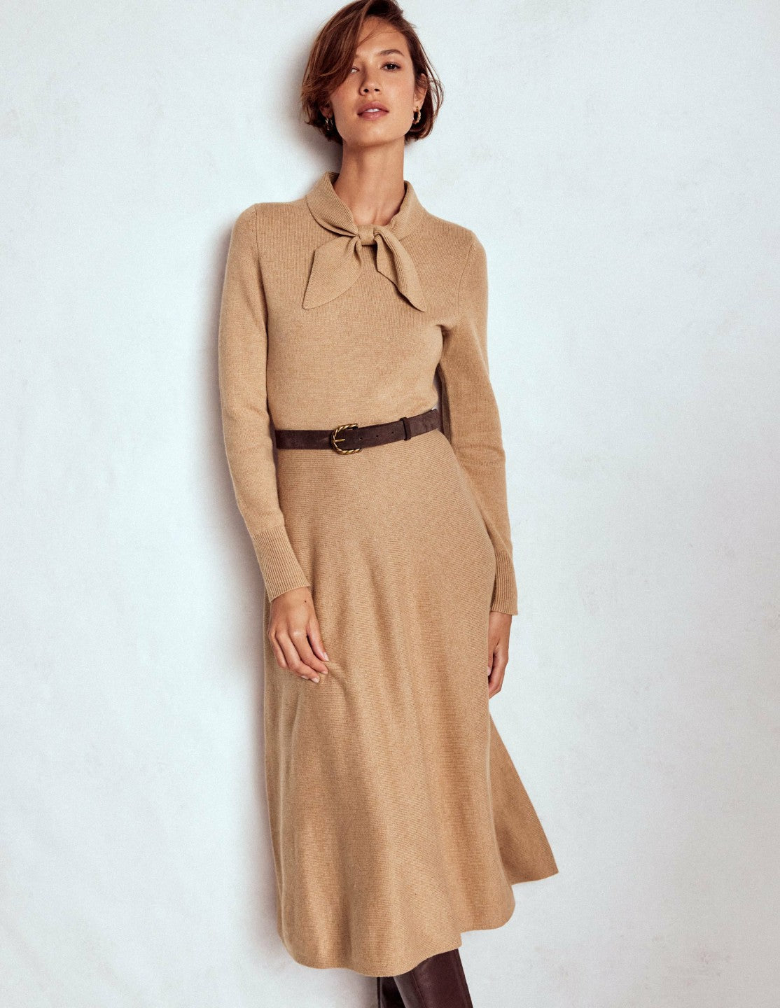 Knitted Bow Dress-Camel Melange / Boden On sale