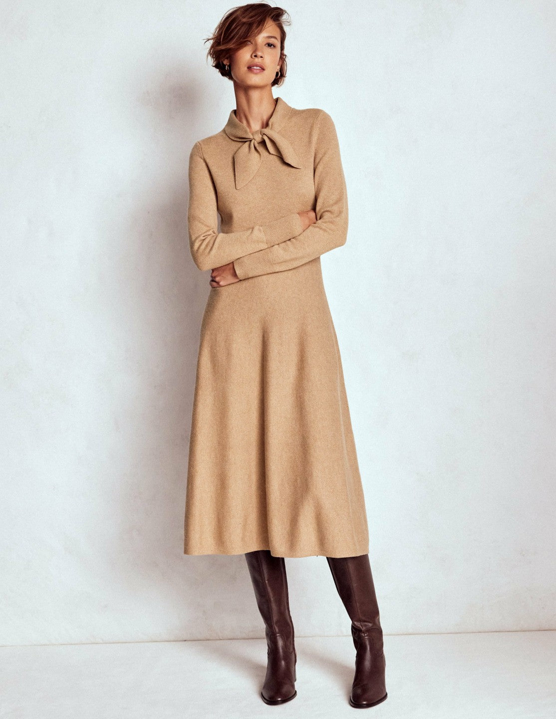 Knitted Bow Dress-Camel Melange / Boden On sale