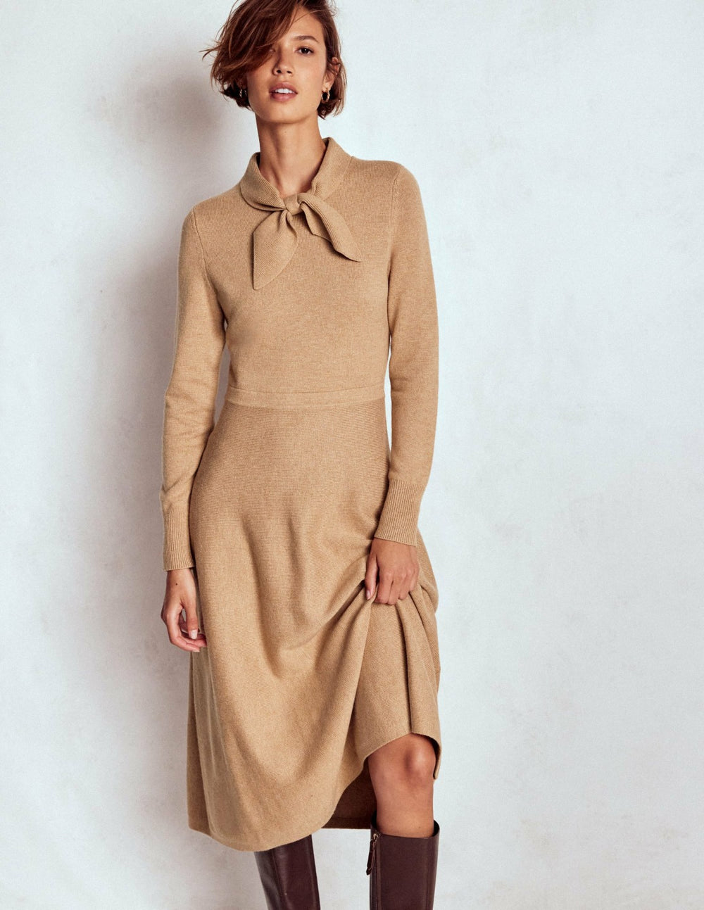 Knitted Bow Dress-Camel Melange / Boden On sale
