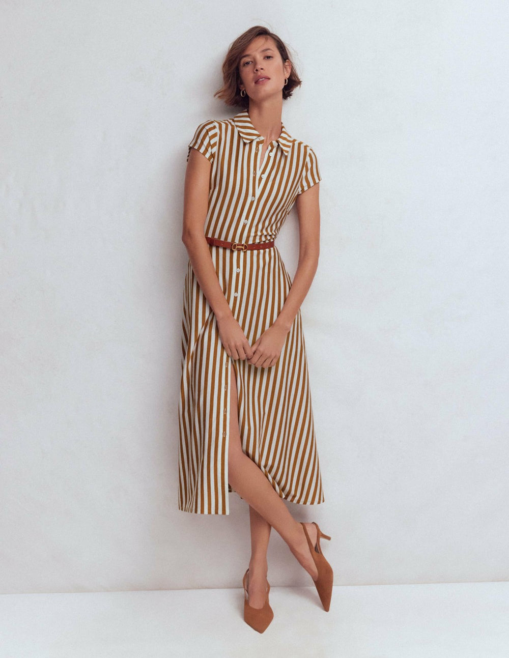 Marcia Jersey Shirt Dress-Cognac and Ivory Stripe / Boden