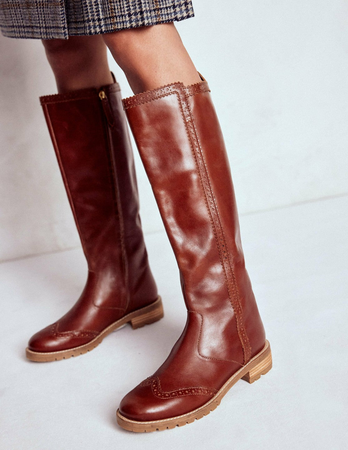 Brogue Detail Knee Boots-Tan / Boden Outlet