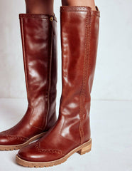 Brogue Detail Knee Boots-Tan / Boden Outlet
