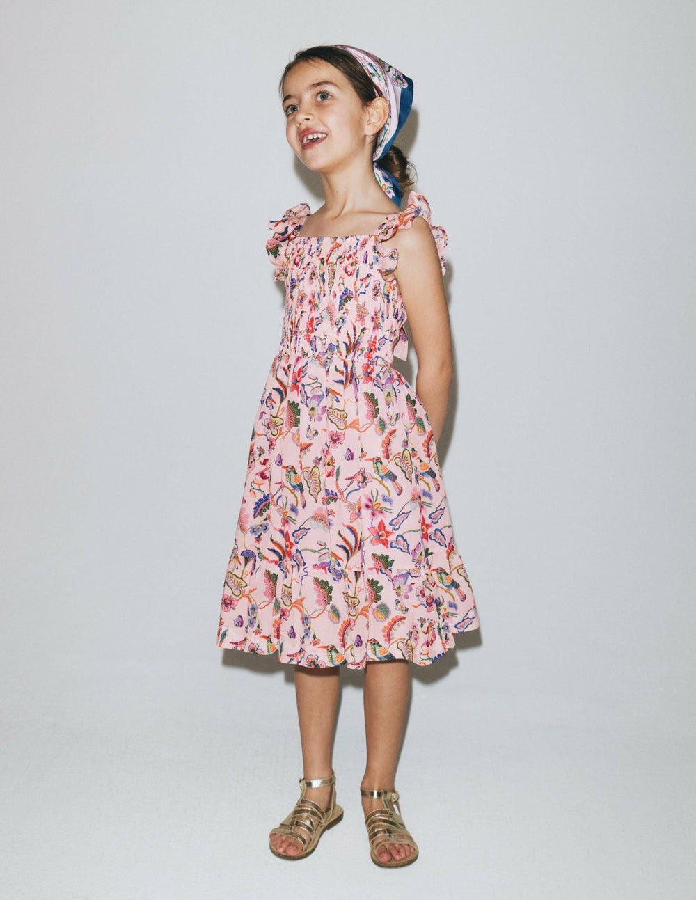Shirred Bow Back Detail Dress-Multi Pink Floral / Boden Sale