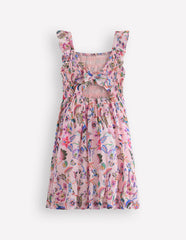 Shirred Bow Back Detail Dress-Multi Pink Floral / Boden Sale