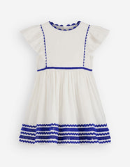Flutter Sleeve Ric Rac Dress-Soft Ivory/ Bright Blue / Boden Outlet