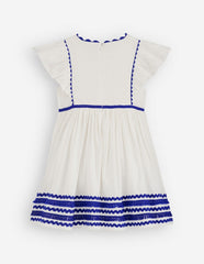Flutter Sleeve Ric Rac Dress-Soft Ivory/ Bright Blue / Boden Outlet