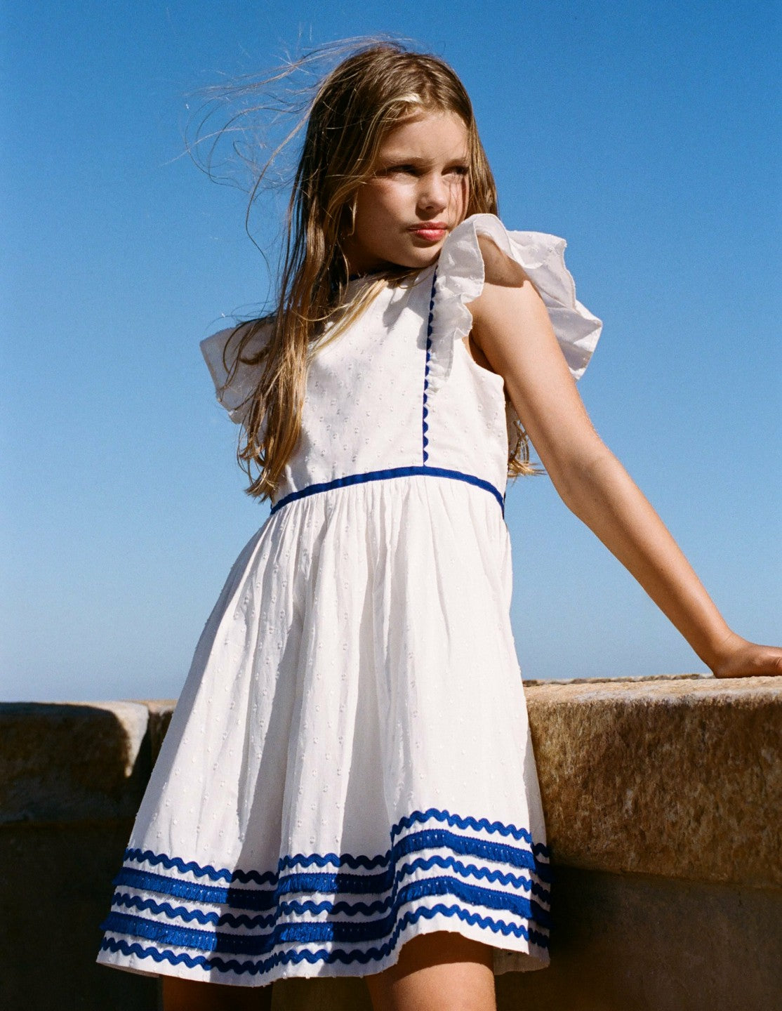 Flutter Sleeve Ric Rac Dress-Soft Ivory/ Bright Blue / Boden Outlet