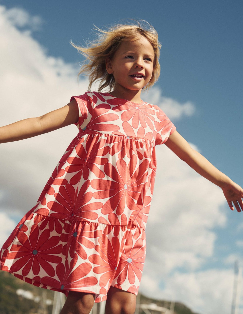 Ariel Twirly Jersey Dress-Coral Orange Giant Daisy / Boden