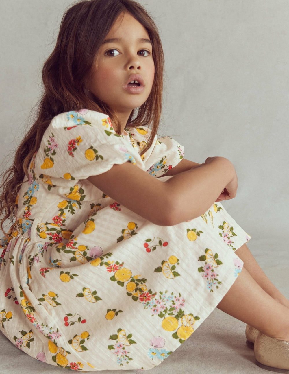 Vintage-style Sash Dress-Soft Ivory Lemon Floral / Boden Sale