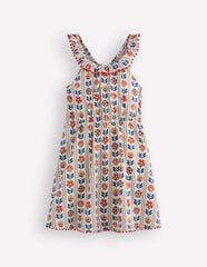 Ruffle Neck Trim Dress-Soft Ivory Woodblock Floral / Boden