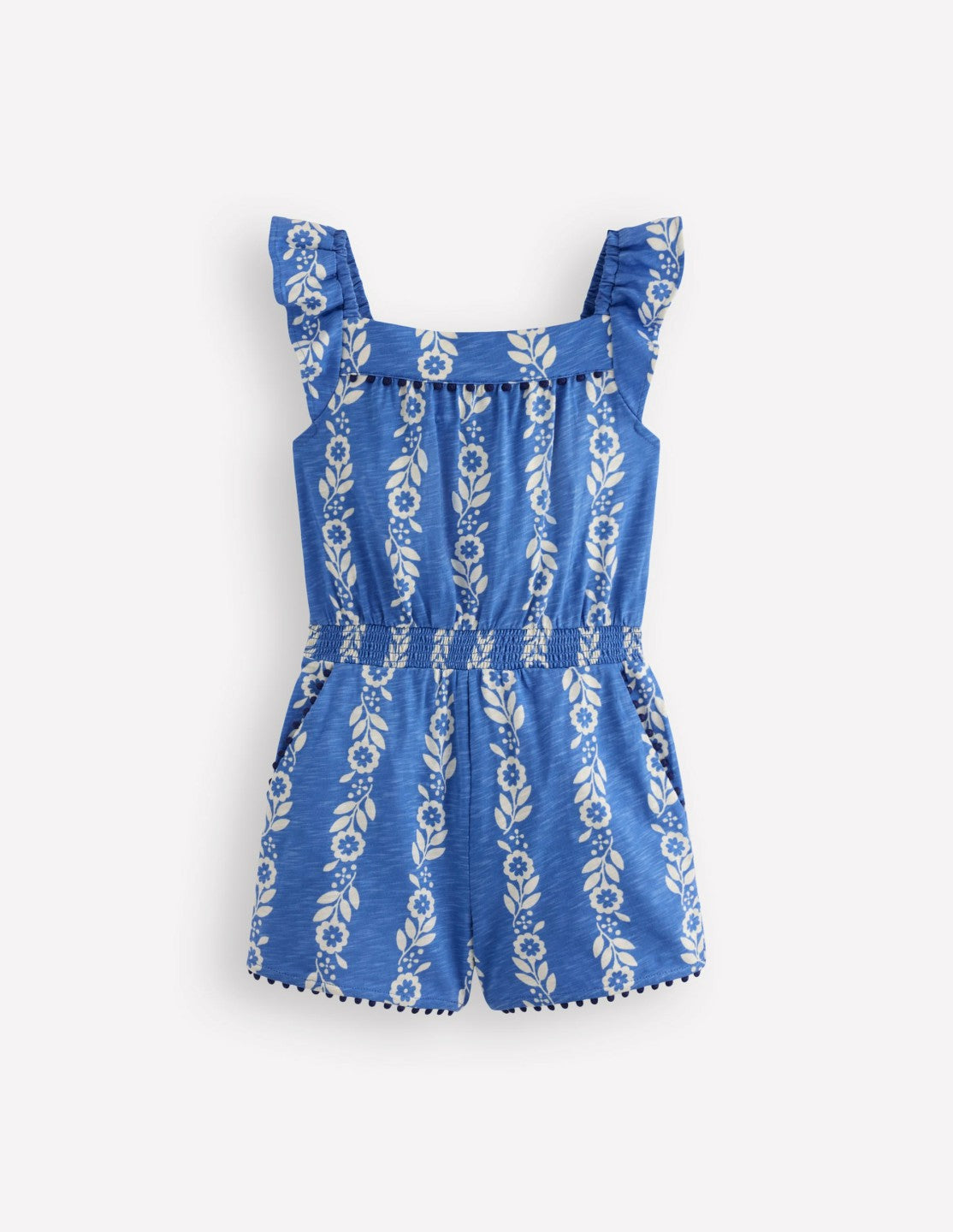 Ciara Pom Trim Jersey Romper-Blue Floral / Boden Sale