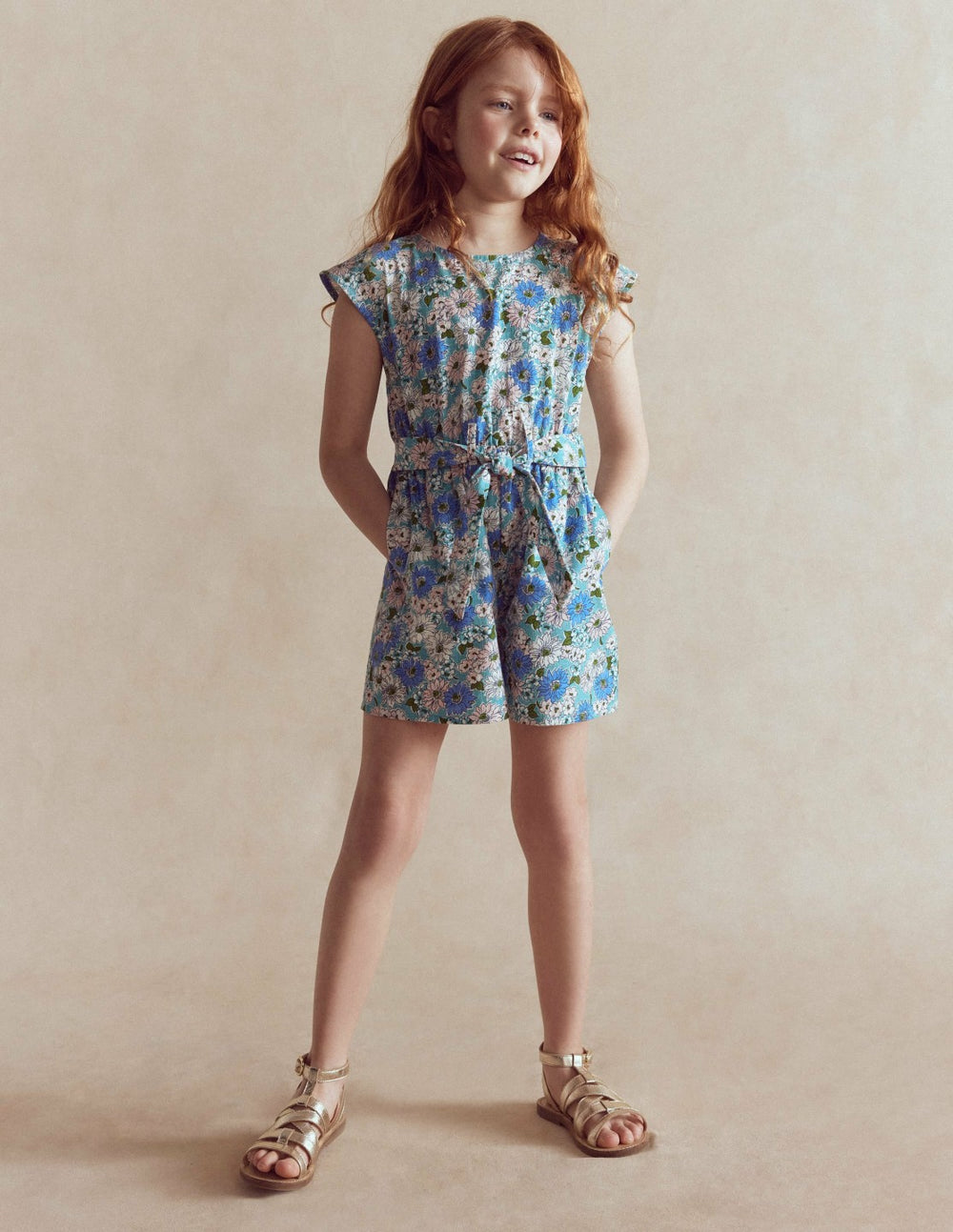 Tie Waist Woven Playsuit-Blue Floral / Boden Sale