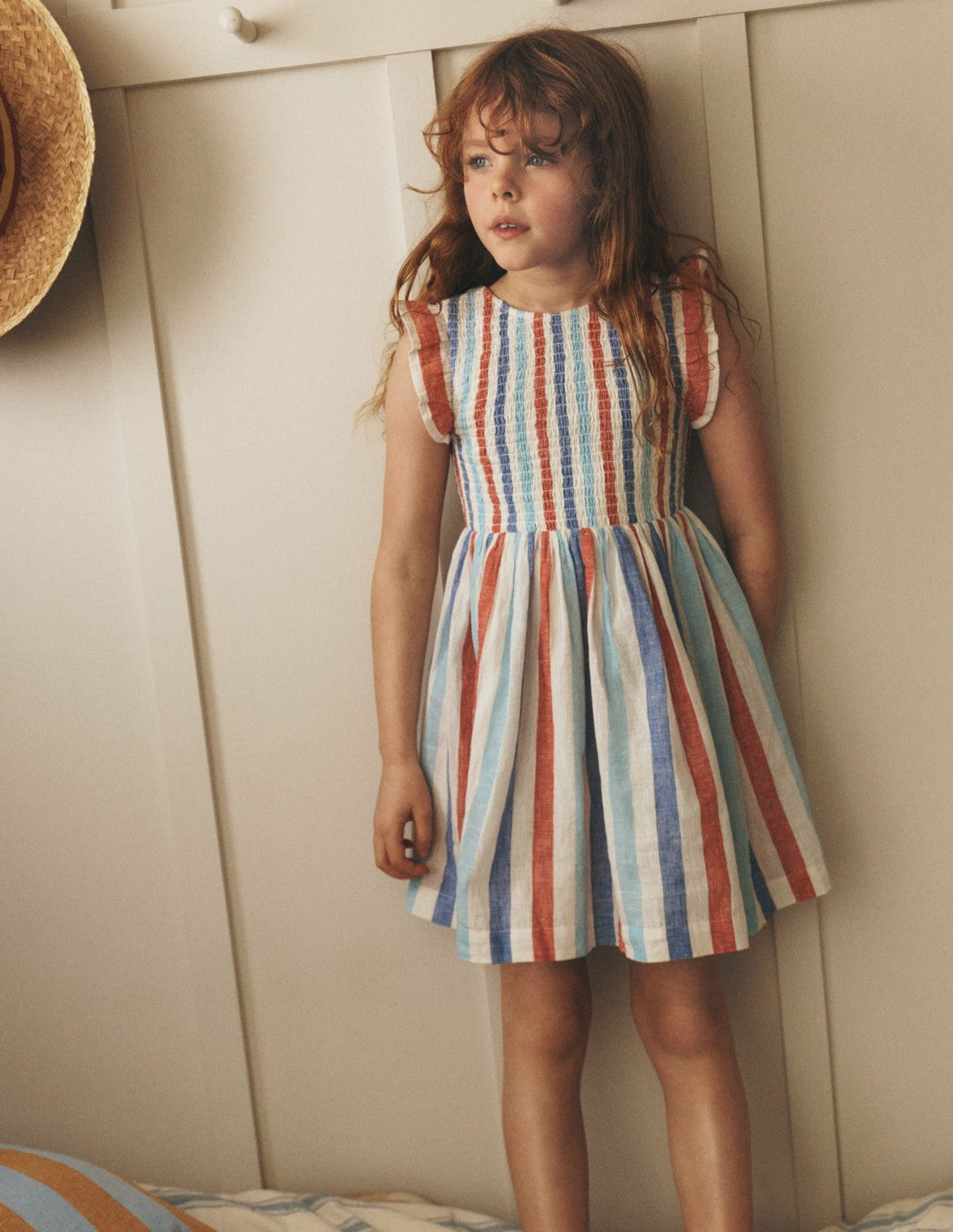 Bow Back Shirred Dress-Bright Blue/ Poppy Red Stripe / Boden us