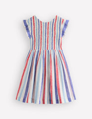 Bow Back Shirred Dress-Bright Blue/ Poppy Red Stripe / Boden us