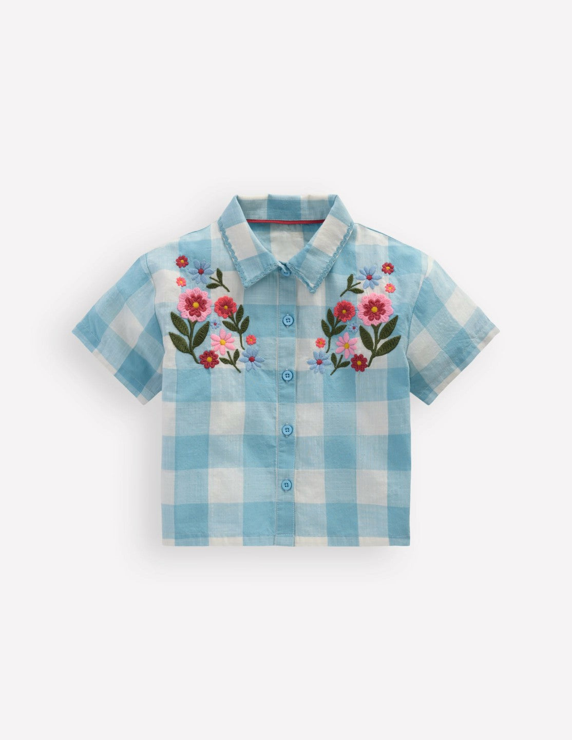 Short Sleeve Relaxed Shirt-Blue Gingham Embroidery / Boden Sale