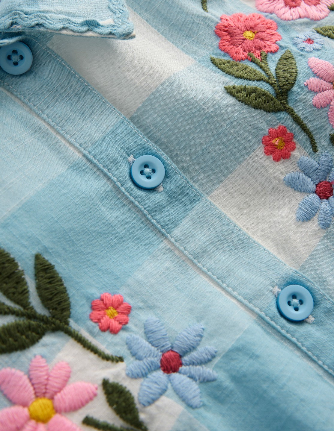 Short Sleeve Relaxed Shirt-Blue Gingham Embroidery / Boden Sale
