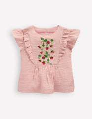 Embroidered Frilly Woven Top-Lotus Strawberries / Boden Online