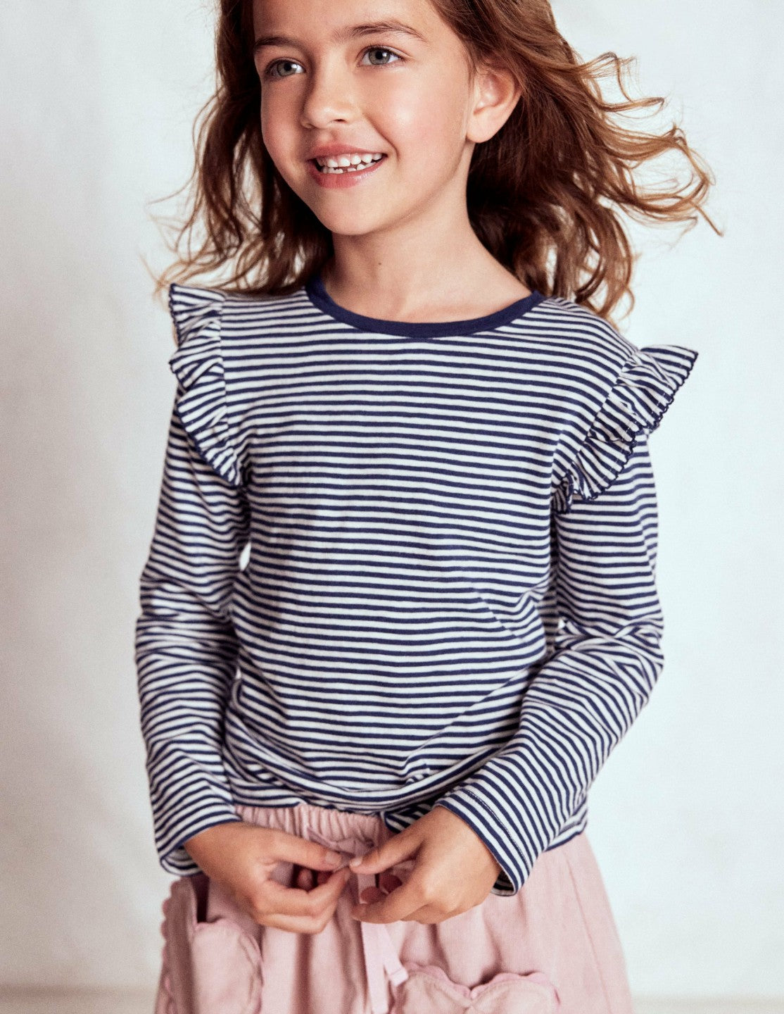 Frill Sleeve Slub Top-Soft Ivory/College Navy / Boden