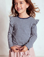 Frill Sleeve Slub Top-Soft Ivory/College Navy / Boden